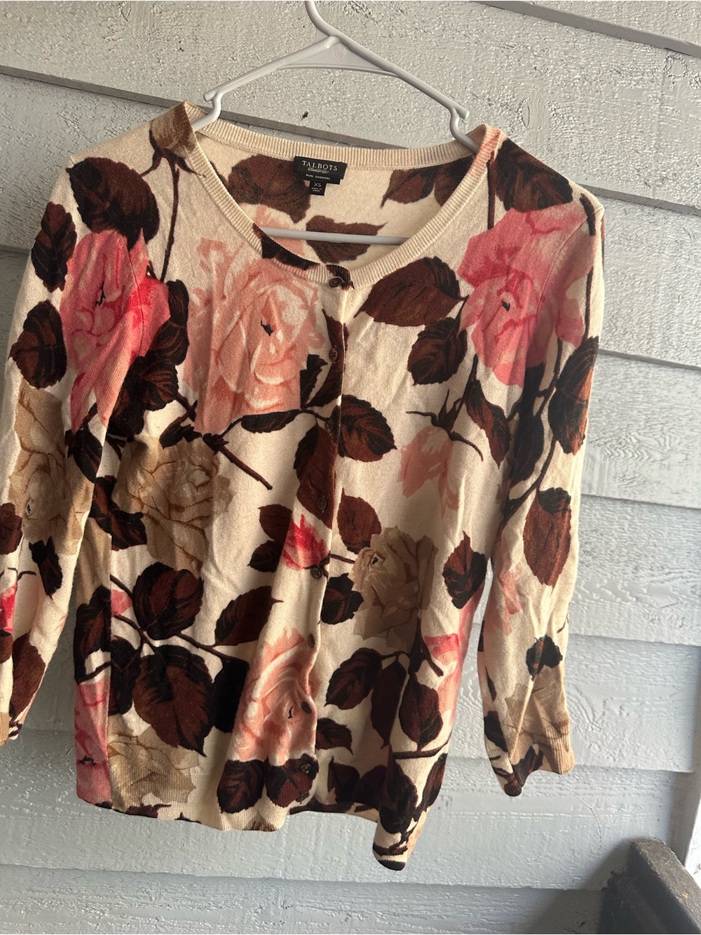 Talbots Cream Cardigan with Pink & Brown Rose Print